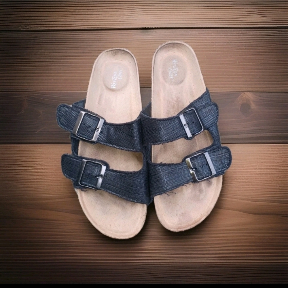Western Cheif Black Double-Buckle Footbed Sandals